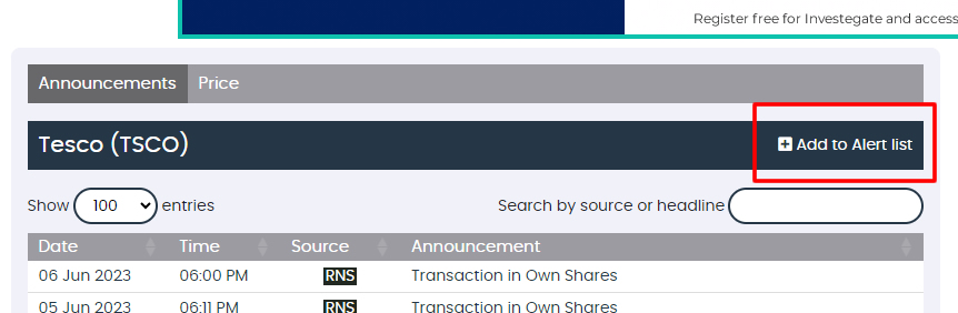Set up email alerts on all UK listed companies